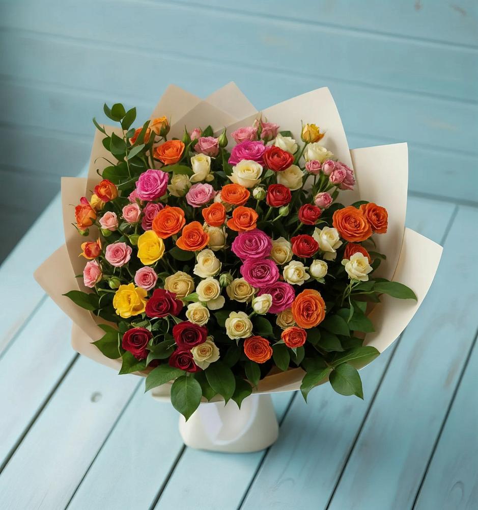 Букет Микс из разноцветных кустовых роз в Байкалово