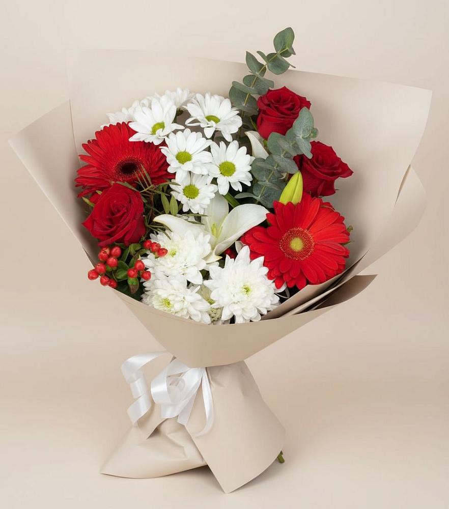 Букет цветов из: Розы, Хризантемы, Герберы и Лилии в Байкалово