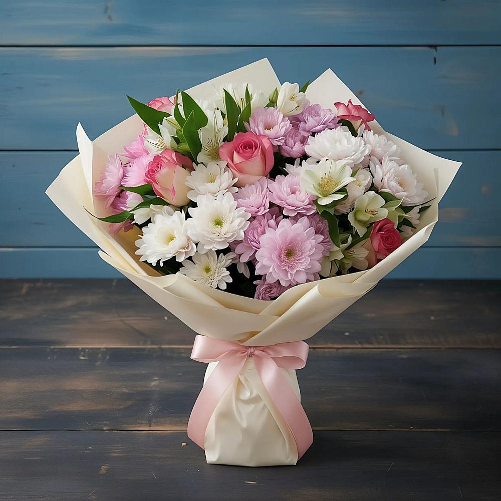 Букет цветов из: Хризантемы, Альстромерии и Розы в Байкалово